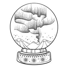 Wall Mural - vector dotted swirls of black northern or polar light in the snow globe. round sphere with aurora bo