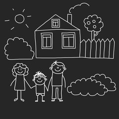 Happy family with house. Kids drawing style vector illustration isolated on blackboard background. Mother, father, sister, brother.