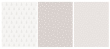 Cute Infantile Style White Christmas Trees And Stars Vector Pattern. White And Warm Gray Simple Design. Gray And White Background. Abstract Forest Illustration.