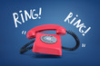 3d rendering of a red old-fashioned landline telephone ringing loudly with the words 'Ring' on both sides.
