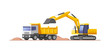 Construction site. Loader excavator moving soil and unloading into a dumper truck. Vector illustration.