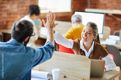 Cuadros en Lienzo Cheerful and successful businesswoman giving high five to her colleague sitting