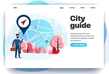 Web Page Design Templates For City ​​guide, City Navigator, GPS, Mobile City Map, Navigation In The City. Man Is Looking For The Shortest Way. Modern Vector Illustration Concepts For Website