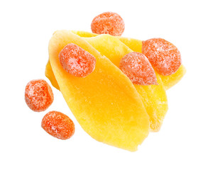 Wall Mural - Dried slices mango with Kumquats or cumquats. Isolated on white