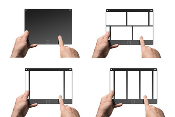 A man uses a tablet computer. Four display options. Isolated on white background.