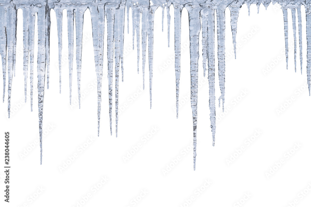 Winter icicles hang from top, isolated on white background - obrazy, fototapety, plakaty 