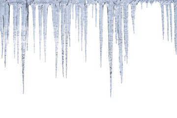 Winter icicles hang from top, isolated on white background