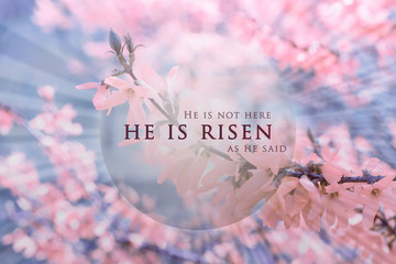christian easter background, religious card. jesus christ resurrection concept. he is risen text on 