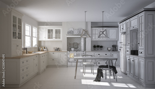 Unfinished Project Draft Of Scandinavian Classic Kitchen With Dining Table And Chairs Windows And Morning Light Vintage Cooker And Pendant Lamps Minimalist Interior Design Sketch Stock Illustration Adobe Stock