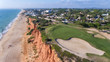Aerial. View from the sky at the golf courses in the tourist town Vale de Lobo. Vilamoura.