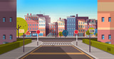 city street building houses architecture empty downtown road urban cityscape early morning sunrise horizontal banner flat