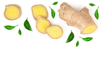 fresh Ginger root and slice isolated on white background with copy space for your text. Top view. Flat lay