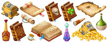 Isometric Cartoon Royal Parchments, Book Of Spells, Treasure Chests, Magical Drinks Or Poisons For Computer Game On Dark Background. Isolated Vector Illustration.