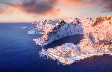 Wall Mural - aerial view at the lofoten islands, norway. mountains and sea during sunset. natural landscape from 