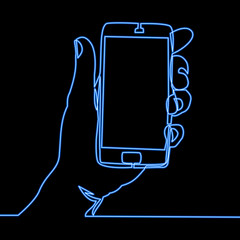 Wall Mural - Continuous line hand holding smartphone neon