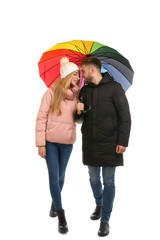 Sticker - Full length portrait of beautiful couple with umbrella, isolated on white