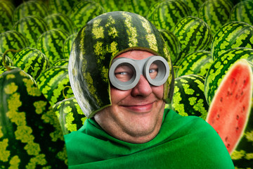 Wall Mural - Crazy man in watermelon helmet and googles