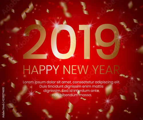 2019 Happy New Year Background With 3d Golden Confetti Glowing