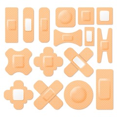 set of realistic adhesive elastic bandage. vector collection of first aid band plaster strip, medica