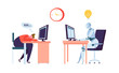 © Pavlo Syvak - Robot Work while Businessman Sleeps. Human and Droid Competition at Office. Robotic Character Worker Future Evolution. Flat Cartoon Vector Illustration