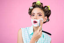 Pinup Girl With Fashion Hair. Pin Up Woman With Makeup. Morning Grooming And Skincare. Retro Woman Shaving With Foam And Razor Blade. Pretty Girl In Vintage Style, Copy Space. Beauty And Fashion