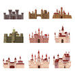 Srt Castles, fortress, ancient, architecture middle ages Europe, Medieval palaces with high towers and conical roofs, vector, banners, isolated, illustration, cartoon style