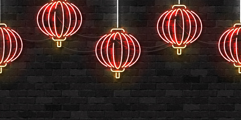 Vector realistic isolated neon sign of Chinese Lantern seamless pattern logo for decoration and covering on the wall background. Concept of Happy Chinese New Year.