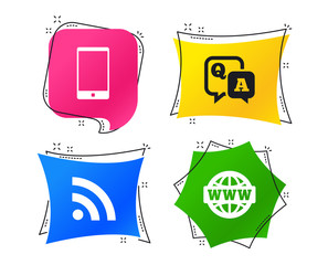 Wall Mural - Question answer icon.  Smartphone and Q&A chat speech bubble symbols. RSS feed and internet globe signs. Communication Geometric colorful tags. Banners with flat icons. Trendy design. Vector