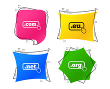 Top-level Internet Domain Icons. Com, Eu, Net And Org Symbols With Hand Pointer. Unique DNS Names. Geometric Colorful Tags. Banners With Flat Icons. Trendy Design. Vector