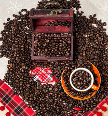 Wall Mural - Brown roasted coffee beans, seed on dark background. Espresso dark, aroma, black caffeine drink. Closeup isolated energy mocha, cappuccino ingredient.