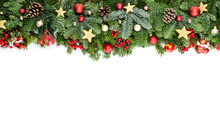 Christmas Decorative Background Border With Red Bauble Decorations, Holly Berries, Spruce And Pine Cones