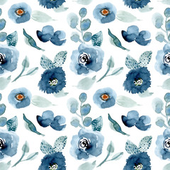 pretty blue floral watercolor seamless pattern