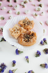 Wall Mural - Baklava sweet dessert. Pastry made of layers of filo filled with chopped nuts and sweetened and held together with syrup or honey