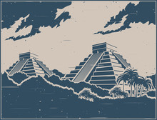 Mayan Pyramids Retro Poster