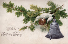 Christmas Holiday Vintage Card Bell And Evergreen