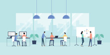 Flat Vector Illustration Group Business Team Meeting  And Working  Collaboration In Office Workplace Concept 