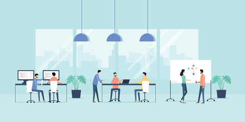 Leinwandbilder - flat vector illustration group business team meeting  and working  collaboration in office workplace concept 