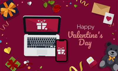 Valentine online shopping on laptop computer and mobile, valentine and birthday concept. Flat vector illustration design