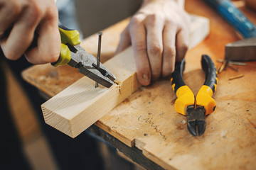 The carpenter works with a tree