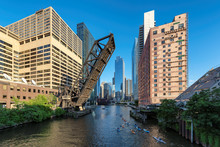Chicago Skyline. Chicago Downtown And Chicago River With Drawbridge At Sunset. Chicago, Illinois. 
