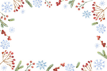 Watercolor vector Christmas banner with snowflakes, berries and fir branches.