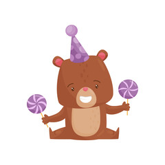 Canvas Print - Smiling little bear in party hat, holding sweet lollipops in paws. Cute humanized animal. Flat vector icon