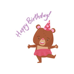 Canvas Print - Adorable girl bear in party hat and Happy Birthday text. Funny humanized animal. Flat vector for postcard