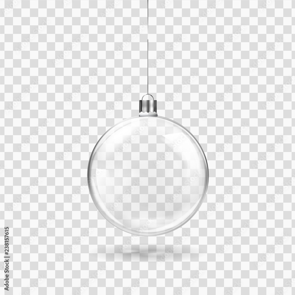 Glass transparent Christmas ball hanging on the ribbon. Realistic Xmas glass bauble on transparent background. Holiday decoration template. Vector illustration - obrazy, fototapety, plakaty 