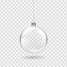 Glass Transparent Christmas Ball Hanging On The Ribbon. Realistic Xmas Glass Bauble On Transparent Background. Holiday Decoration Template. Vector Illustration
