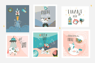 Hand drawn vector abstract graphic creative cartoon illustrations cards collection set template with astronaut unicorns with old school tattoo,planets and spaceship isolated on pastel background