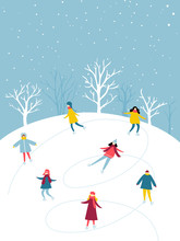 Winter Activity, People Group Is Skating On Ice Rink Outdoor. Flat Illustration Of Holidays Fun