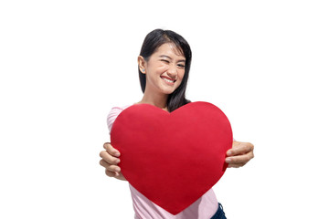 Poster - Portrait of asian woman holding red paper heart