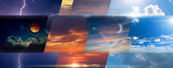 Wall Mural - weather forecast background, collage of skies photos with variety weather conditions