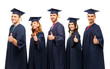 © Syda Productions - education, graduation and people concept - group of happy graduate students in mortar boards and bachelor gowns showing thumbs up over white background